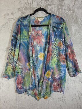 ALL HOURS Watercolor Floral Print Sheer Open Front Kimono Blouse Top 3X